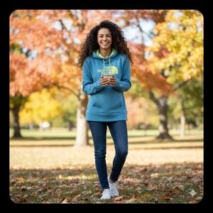 The North Face Women's Fleece Lined Blue Hoodie Pullover Big Logo XLarge Pocket